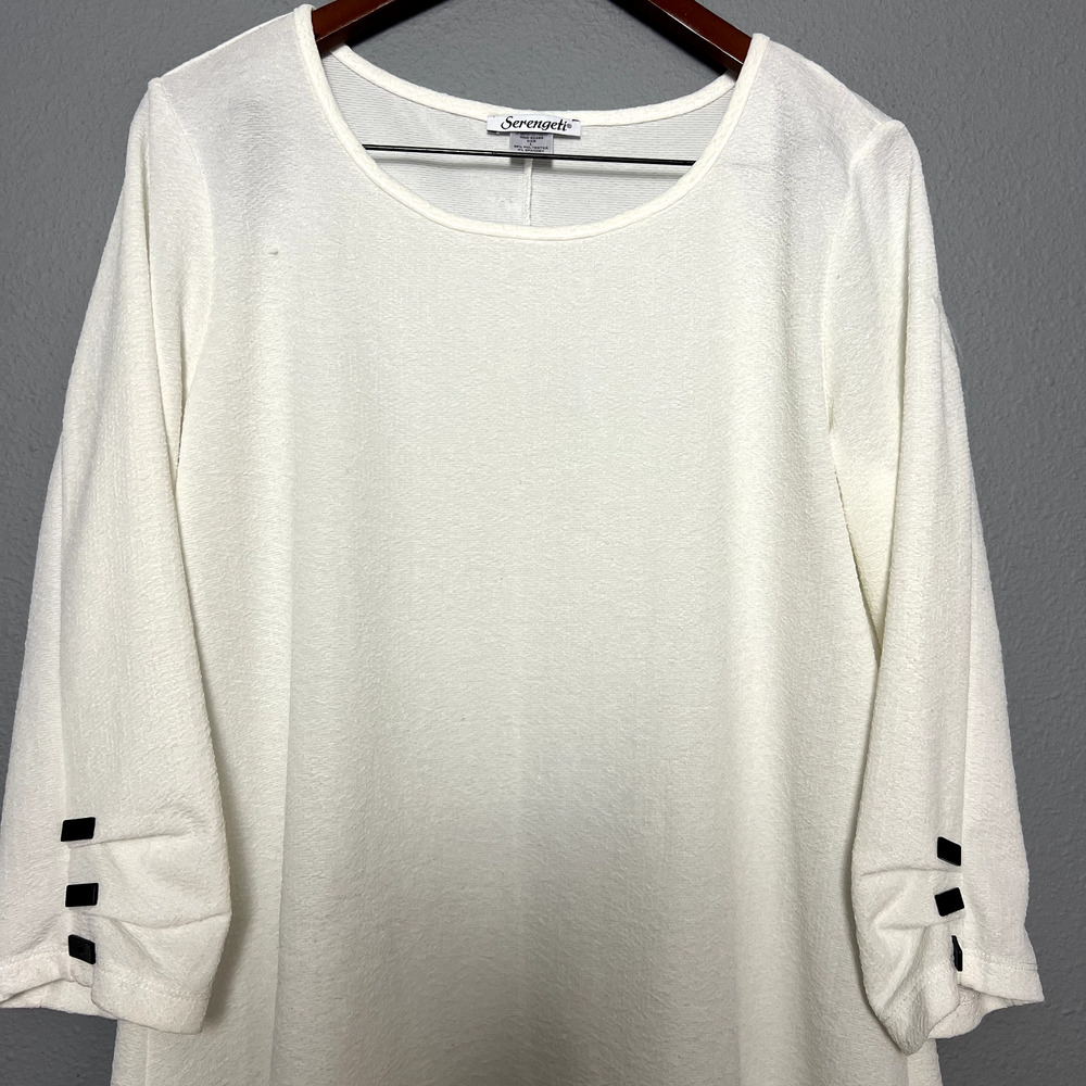 Serengeti Woman Large Gauze Tunic Blouse White Asymmetrical Hem 3/4 Sleeve
